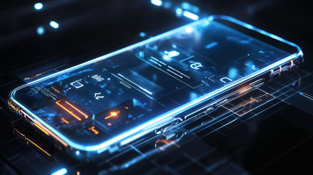 Close up of smartphone with glowing screen. Technology concept. 3D Renderingの写真素材