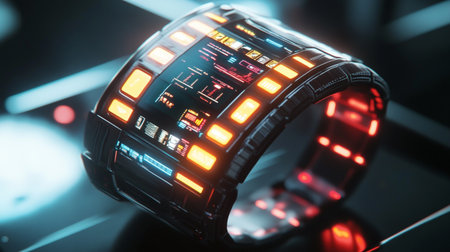 Futuristic smart watch with glowing red and blue display. 3d renderingの写真素材