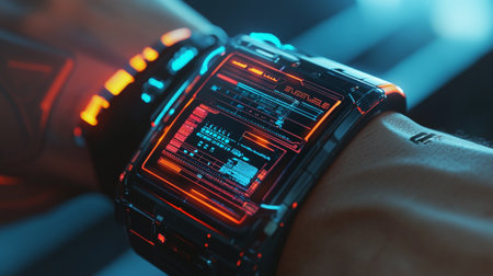 Futuristic smart watch with augmented reality interface on the screen.