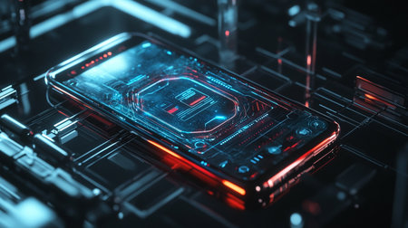 3D rendering of a mobile phone with a circuit board in the backgroundの写真素材