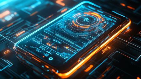 Futuristic blue and orange holographic HUD interface on smartphone. 3d renderingの写真素材