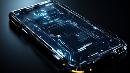 Smartphone with hologram on screen. 3d rendering mock up