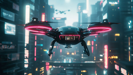 Drone flying in the night city. 3D Rendering.の写真素材