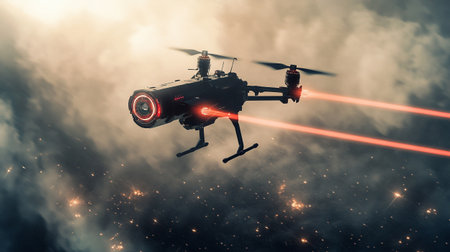 Drone flying in the night sky. 3d render illustration.の写真素材