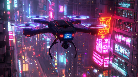 Drone flying in the night city with neon lights. 3d renderingの写真素材