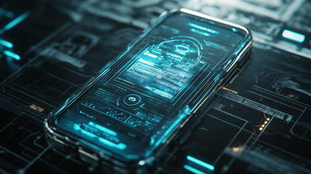Smartphone with blue screen, close up. Future technology concept. 3D Rendering
