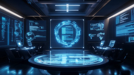 3d rendering of Futuristic hud interface in a dark room