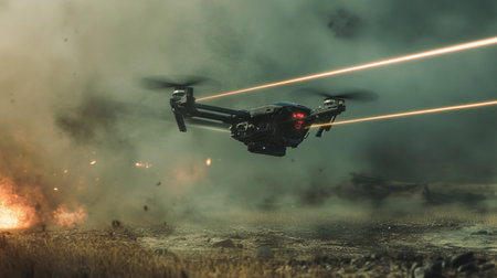 Drone flying over a burning field during a fire in the nightの写真素材