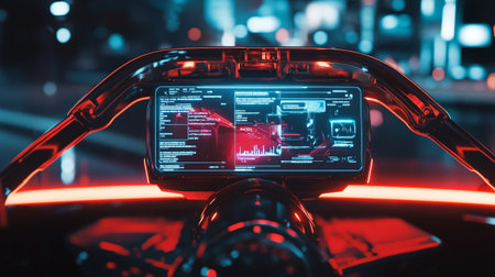 Close-up view of the dashboard of a modern car with a glowing display on the dashboard.の写真素材