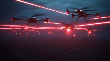 3d rendering of a drone flying in the night sky with neon lights