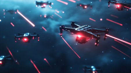 Drone flying in the night sky. 3d rendering illustration.の写真素材