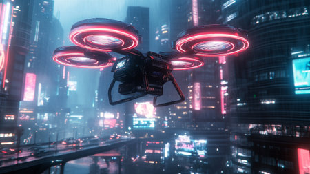 Flying drone in the city at night.の写真素材