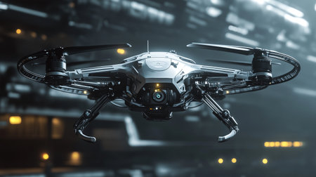 3d rendering of a drone flying in the dark night city.の写真素材