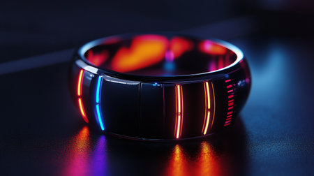 Close-up of a modern smart watch with blue and red led lightsの写真素材