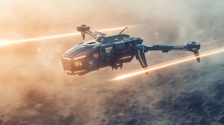 3D rendering of a space ship flying in the sky with smokeの写真素材