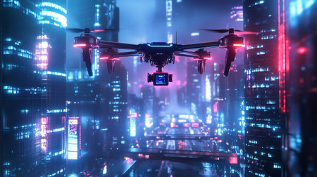 Drone flying in the night city. 3D Rendering.の写真素材