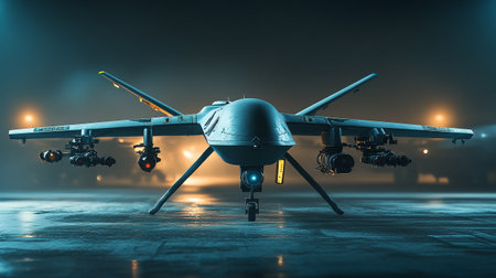 3d rendering of a military drone in a dark foggy nightの写真素材