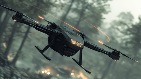 3D rendering of a military drone flying in the foggy forestの写真素材