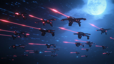 Futuristic spaceship flying in the night sky. 3d renderingの写真素材