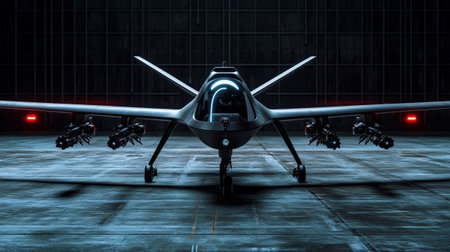 3D rendering of a military transport aircraft in a hangar or airportの写真素材