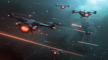 Drone flying in the night sky. Flying drones. 3D rendering