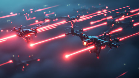 Drone flying in the dark with neon lights. 3d renderingの写真素材