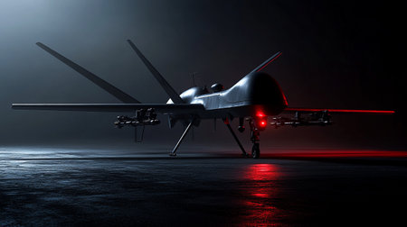 3D rendering of a military drone in the dark with red lightの写真素材