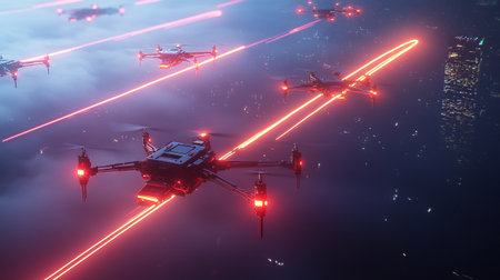 3D rendering of drones in the sky with neon lightsの写真素材