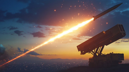 Silhouette of a rocket against a sunset background. 3d render