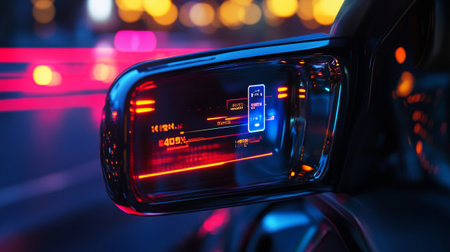 car dashboard with speedometer and light trails on the road at nightの写真素材