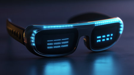 3d glasses with blue lights on a dark background. 3d rendering