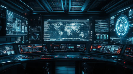 Dark blue spaceship interior with glowing screens and world map 3D rendering