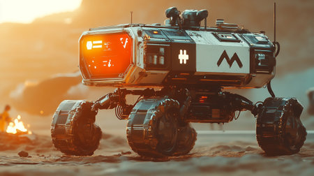 Futuristic military robot on the background of the setting sun.