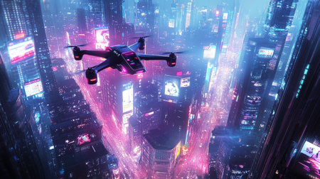 Drone flying in the night city. 3D Rendering.の写真素材