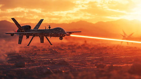 Military drone flying in the sky at sunset. 3D rendering.