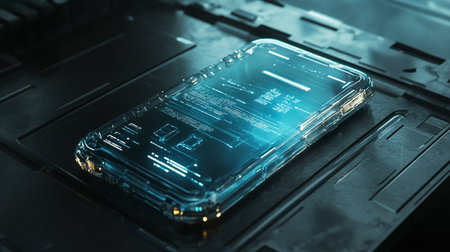 Close-up view of mobile phone with hologram display. 3D renderingの写真素材