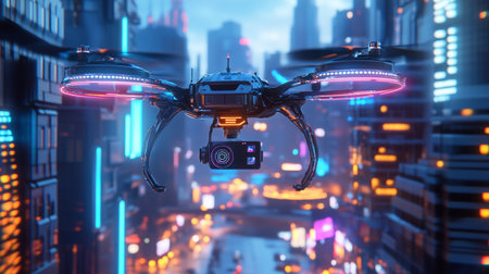 Drone flying in the city at night. 3d rendering.
