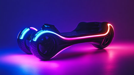 Modern electric self-balancing scooter in neon light. 3d rendering