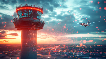 Airport control tower with airplanes in the sky. 3d rendering