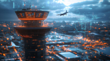 Airport control tower and airplane flying over the city. 3D rendering