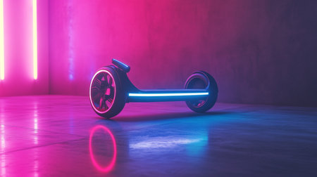 Close up of electric scooter in neon light. 3D Rendering