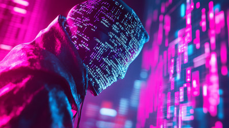 Hooded hacker in a dark room with binary code on the background