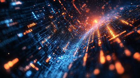 3D rendering of abstract digital particles. Futuristic shape with depth of field and bokeh.