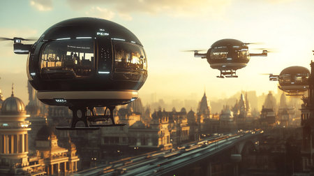 Helicopter flying over the city at sunset. 3d renderingの写真素材