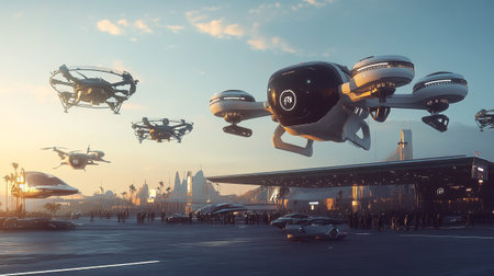 drone flying in the sky, 3d rendering. Computer digital drawing.の写真素材