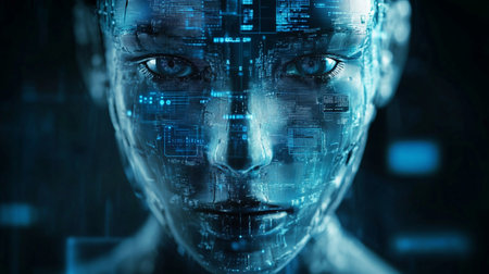 Close up of cyborg face with digital interface. 3D renderingの写真素材