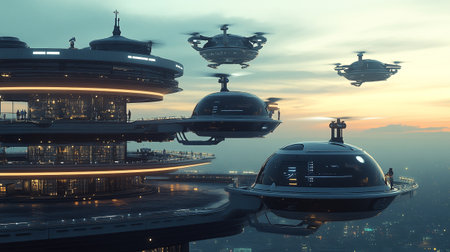 Futuristic spaceship flying over the city. 3D Rendering