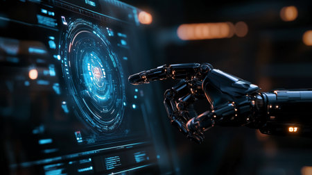 Cyborg hand touching hologram screen on dark background 3D rendering