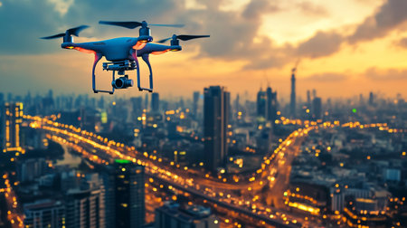 Drone with digital camera flying over the city at sunset, technology concept
