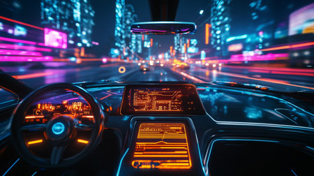 View of the inside of a car driving through the city at night.の写真素材